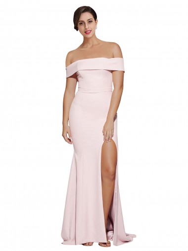 Off Shoulder Long Formal Crepe Bridesmaid Dress / Prom Dress with Straight Neckline and Side Split Brisbane