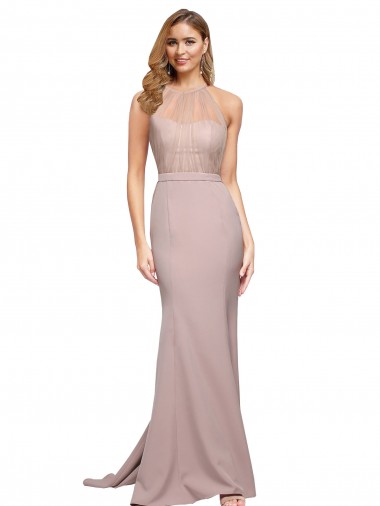 Long Sweetheart Formal Crepe Bridesmaid Dress / Prom Dress with High Neck Illusion Tulle Details Brisbane