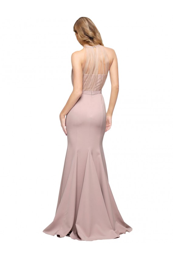 Long Sweetheart Formal Crepe Bridesmaid Dress / Prom Dress with High Neck Illusion Tulle Details Brisbane