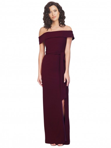Fitted Full Length Off the Shoulder Formal Crepe Bridesmaid Dress / Prom Dress with Side Split and Waist Tie Brisbane
