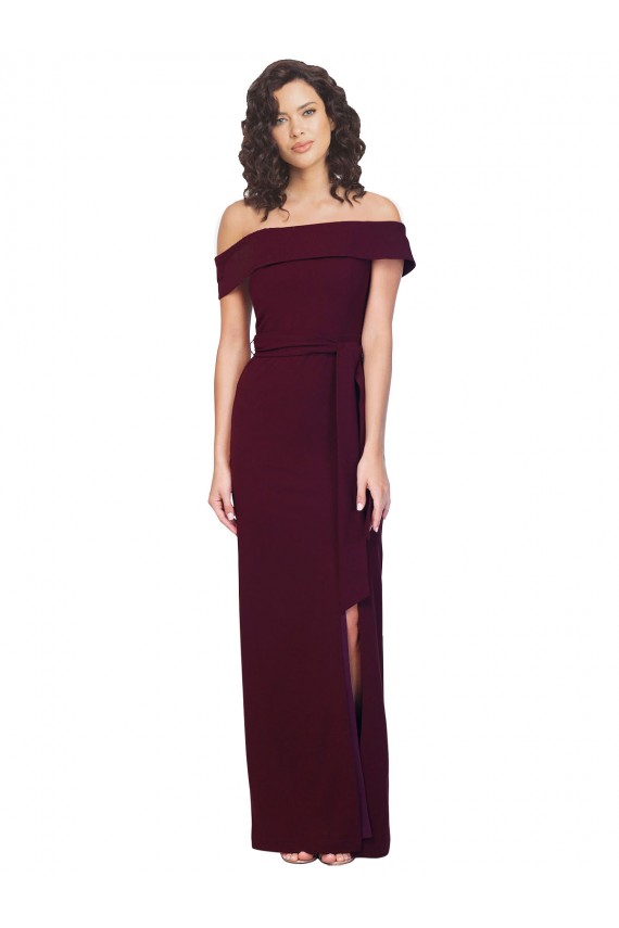 Fitted Full Length Off the Shoulder Formal Crepe Bridesmaid Dress / Prom Dress with Side Split and Waist Tie Brisbane