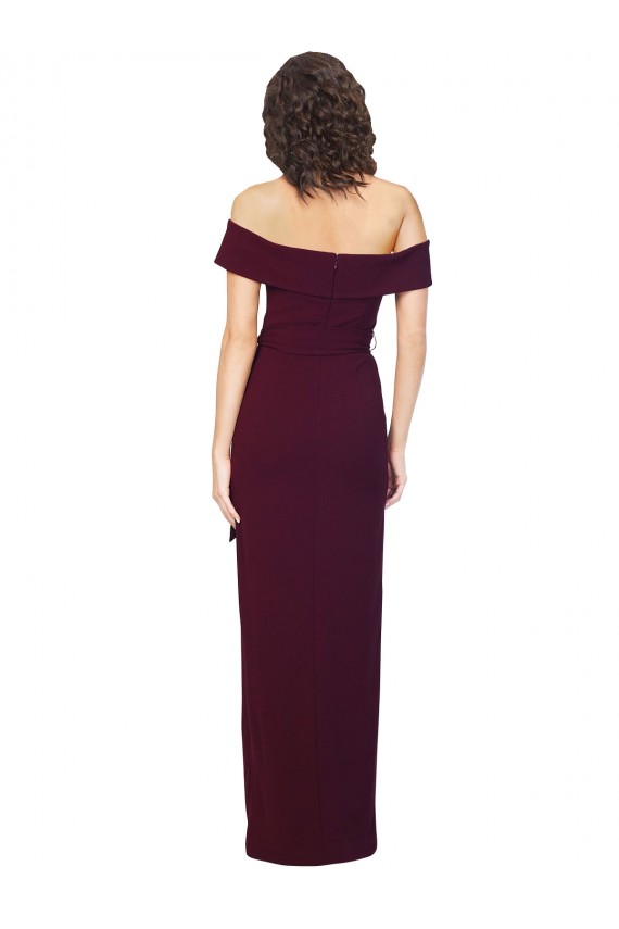 Fitted Full Length Off the Shoulder Formal Crepe Bridesmaid Dress / Prom Dress with Side Split and Waist Tie Brisbane