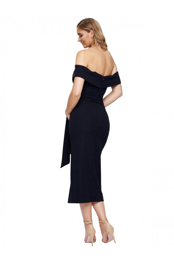 Fitted Short Cocktail Midi Length Off the Shoulder Formal Crepe Bridesmaid Dress / Prom Dress with Side Split and Waist Tie Brisbane