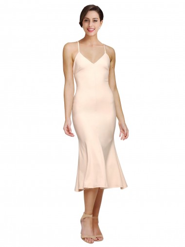 Midi Cocktail Length V-Neckline Crepe Bridesmaid Dress / Prom Dress with Thin Straps and Fulted Skirt Brisbane