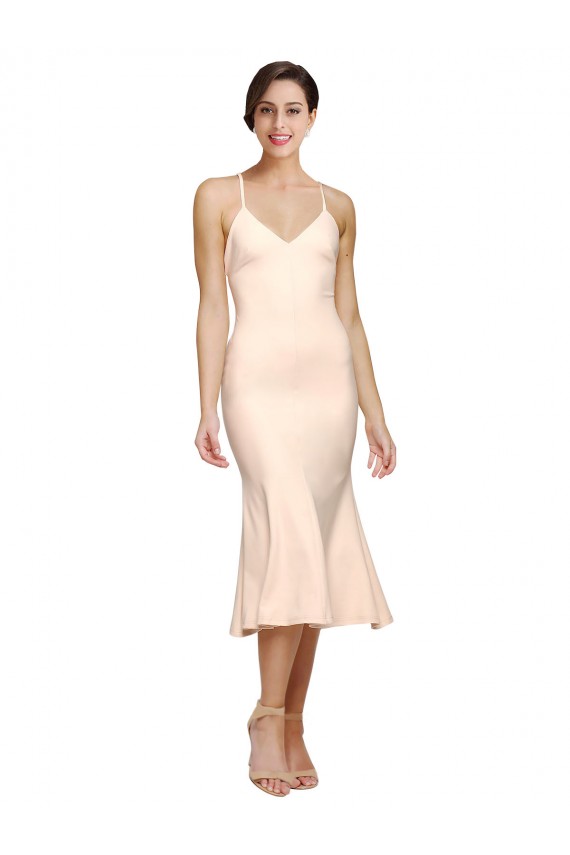 Midi Cocktail Length V-Neckline Crepe Bridesmaid Dress / Prom Dress with Thin Straps and Fulted Skirt Brisbane