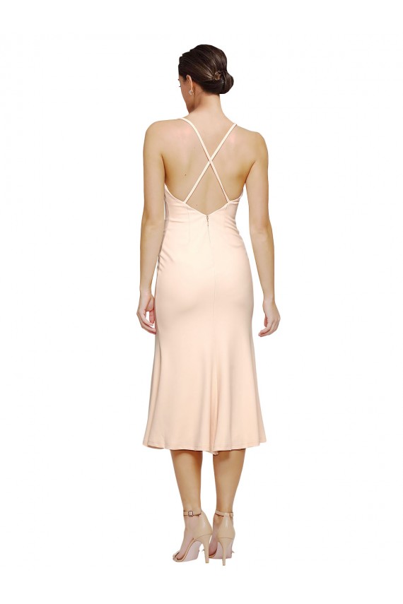 Midi Cocktail Length V-Neckline Crepe Bridesmaid Dress / Prom Dress with Thin Straps and Fulted Skirt Brisbane