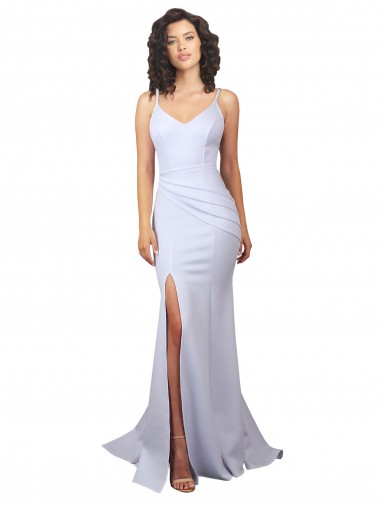 Simple Mermaid V-Neck Long Crepe Beach Wedding Dress with Right Slit Brisbane