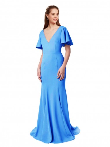 Short Sleeves Long V-Neck Crepe Bridesmaid Dress / Prom Dress with V-Back Brisbane