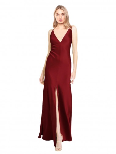Floor Length Deep V-Back Formal Stretch Satin Bridesmaid Dress / Prom Dress with Front Slit Brisbane