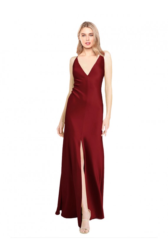 Floor Length Deep V-Back Formal Stretch Satin Bridesmaid Dress / Prom Dress with Front Slit Brisbane