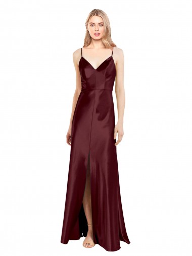 Sleek Spaghetti Straps V-Neck Formal Stretch Satin Bridesmaid Dress / Prom Dress with Center Front Slit Brisbane