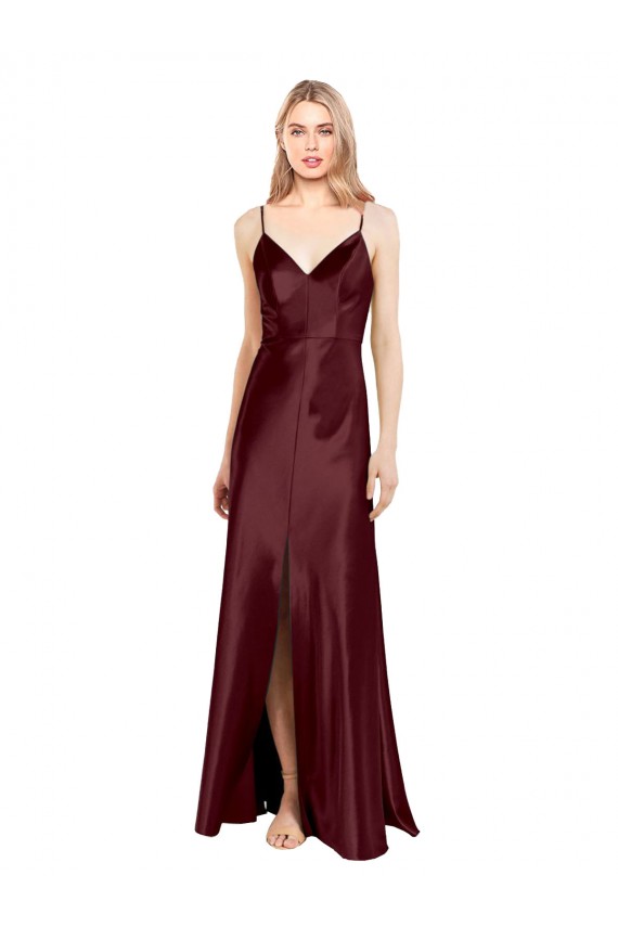 Sleek Spaghetti Straps V-Neck Formal Stretch Satin Bridesmaid Dress / Prom Dress with Center Front Slit Brisbane
