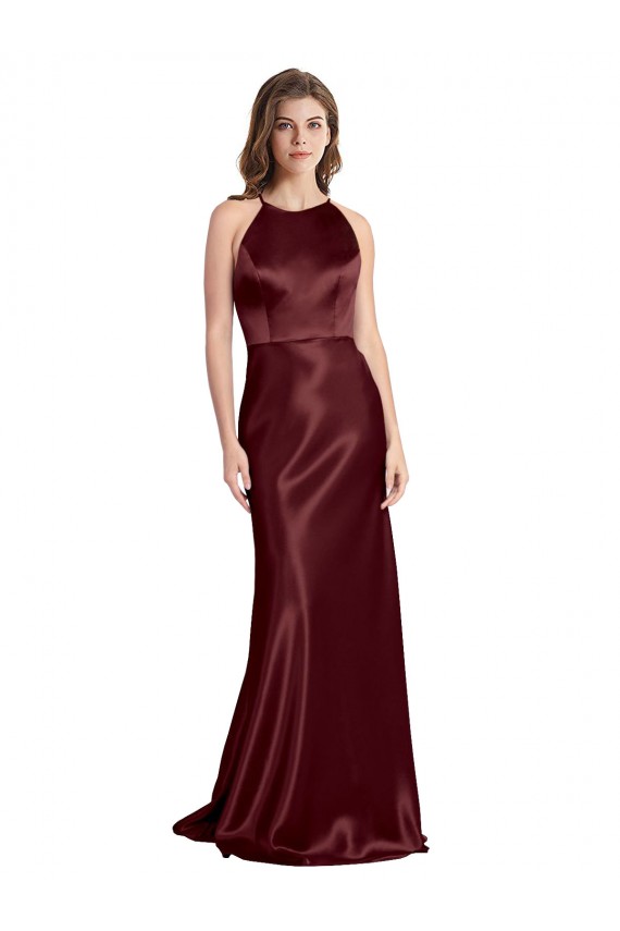 High Neck Halter Long Sleeveless Formal Stretch Satin Bridesmaid Dress / Prom Dress with Strappy Back Brisbane