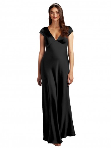 Plunging V-Neck Cap Cleeves Long Formal Stretch Satin Bridesmaid Dress / Prom Dress with Keyhole Back Brisbane