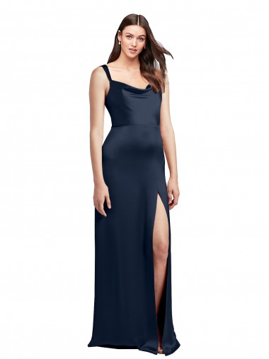 Cowl Neck Soft Long Formal Stretch Satin Bridesmaid Dress / Prom Dress with Side Slit and Pleated Straps Brisbane