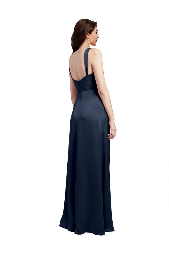 Cowl Neck Soft Long Formal Stretch Satin Bridesmaid Dress / Prom Dress with Side Slit and Pleated Straps Brisbane