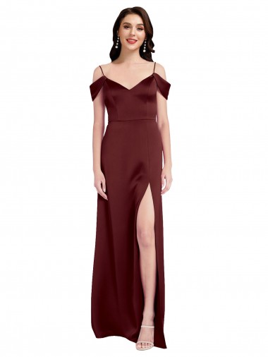 Draped Off the Shoulder Sleeves Slim A-Line Formal Stretch Satin Bridesmaid Dress / Prom Dress with Side Slit Brisbane
