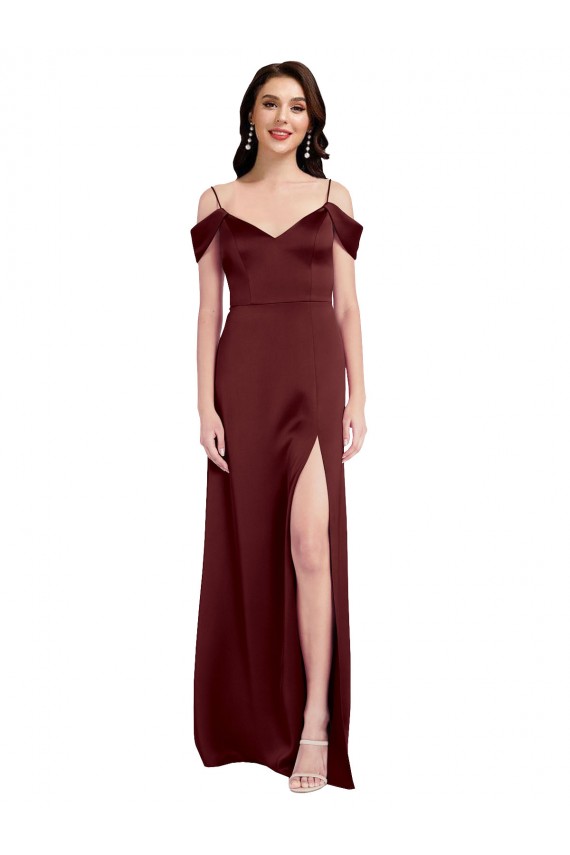 Draped Off the Shoulder Sleeves Slim A-Line Formal Stretch Satin Bridesmaid Dress / Prom Dress with Side Slit Brisbane