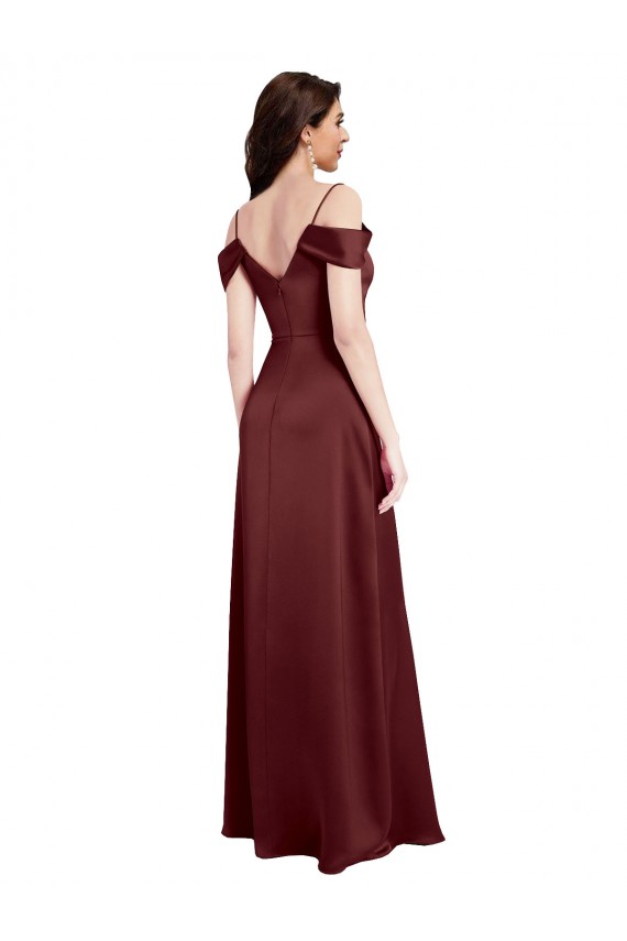 Draped Off the Shoulder Sleeves Slim A-Line Formal Stretch Satin Bridesmaid Dress / Prom Dress with Side Slit Brisbane