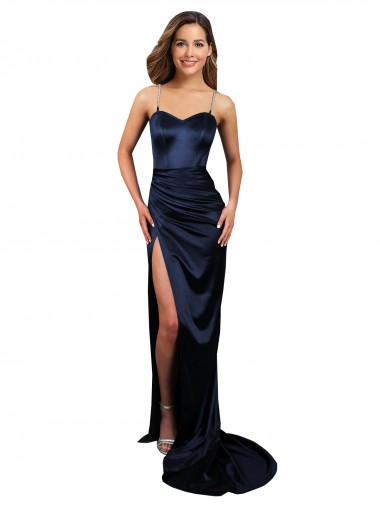Pleated Sash Skirt Long Formal Stretch Satin Bridesmaid Dress / Prom Dress with High Slit Brisbane
