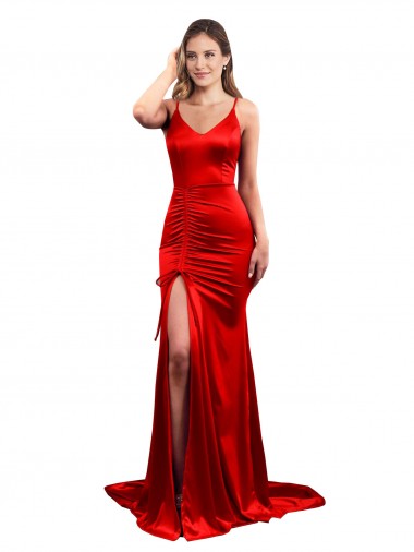 Long Pleated Formal Stretch Satin Bridesmaid Dress / Prom Dress with High Slit Brisbane