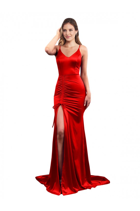 Long Pleated Formal Stretch Satin Bridesmaid Dress / Prom Dress with High Slit Brisbane