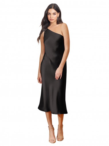 Sleek One Shoulder Midi Length Short Cocktail Formal Stretch Satin Slip Bridesmaid Dress / Prom Dress Brisbane