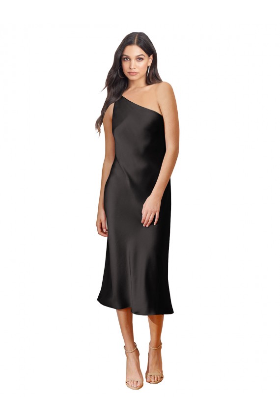 Sleek One Shoulder Midi Length Short Cocktail Formal Stretch Satin Slip Bridesmaid Dress / Prom Dress Brisbane
