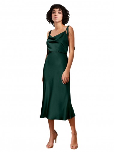 Spaghetti Straps Tie Shoulders Cowl Neck Short Midi Length Formal Stretch Satin Cocktail Bridesmaid Dress / Prom Dress Brisbane