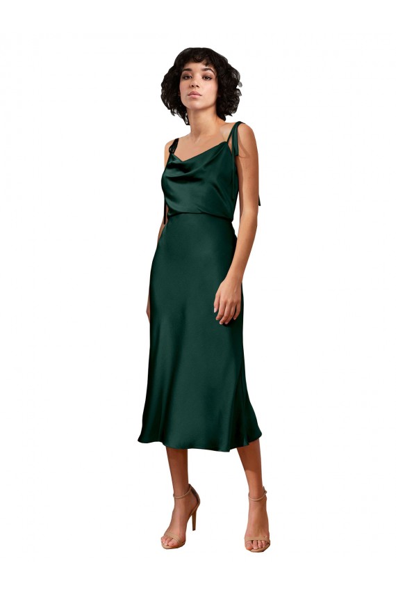 Spaghetti Straps Tie Shoulders Cowl Neck Short Midi Length Formal Stretch Satin Cocktail Bridesmaid Dress / Prom Dress Brisbane