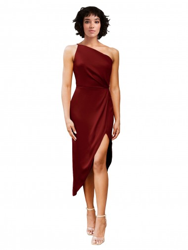 One Shoulder Cocktail Midi Length Short Formal Stretch Satin Wrap Style Bridesmaid Dress / Prom Dress Brisbane
