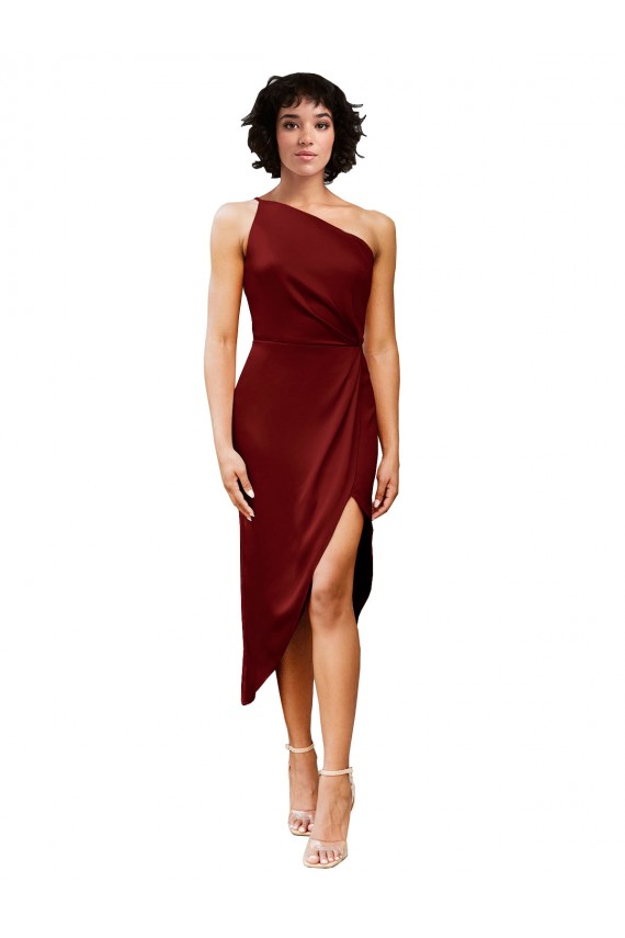 One Shoulder Cocktail Midi Length Short Formal Stretch Satin Wrap Style Bridesmaid Dress / Prom Dress Brisbane