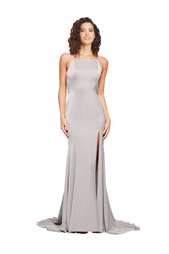 High Neck Low Back Long Full Length Formal Stretch Satin Bridesmaid Dress / Prom Dress Brisbane