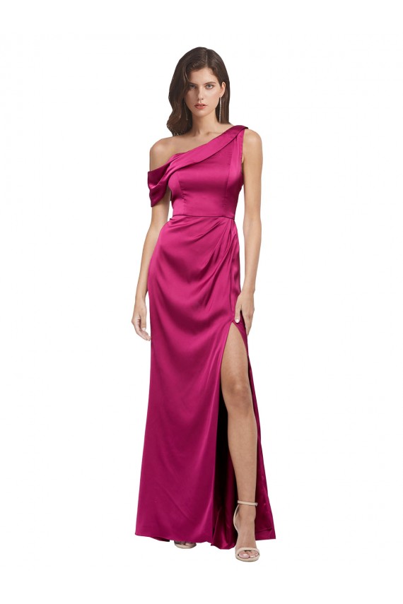 Off the Shoulder Short Sleeves Formal Stretch Satin Bridesmaid Dress / Prom Dress with Side Slit Brisbane