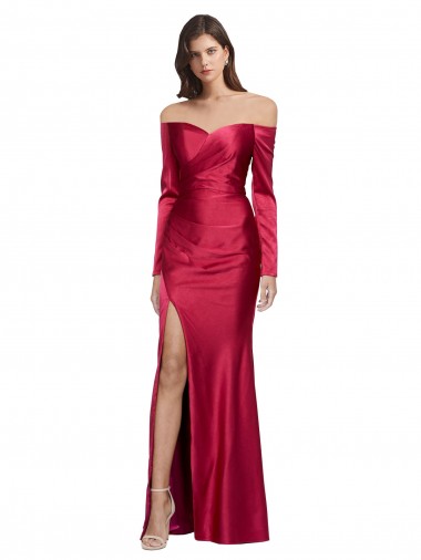 Long Sleeves Off the Shoulder Formal Stretch Satin Bridesmaid Dress / Prom Dress with High Side Split Brisbane