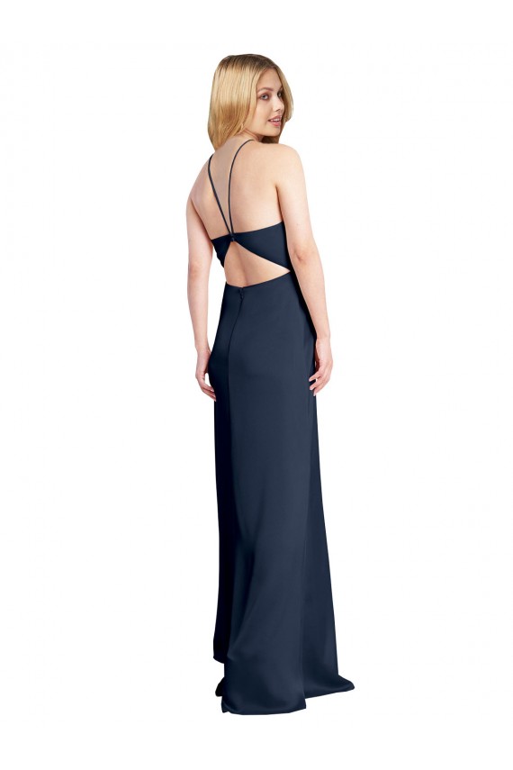 Halter Neckline Long Formal Stretch Satin Bridesmaid Dress / Prom Dress with Strappy Back and Side Slit Brisbane