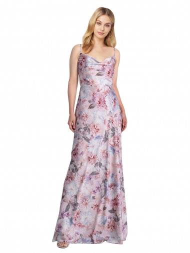 Draped Cowl Neck Long Printed Formal Stretch Satin Bridesmaid Dress Brisbane