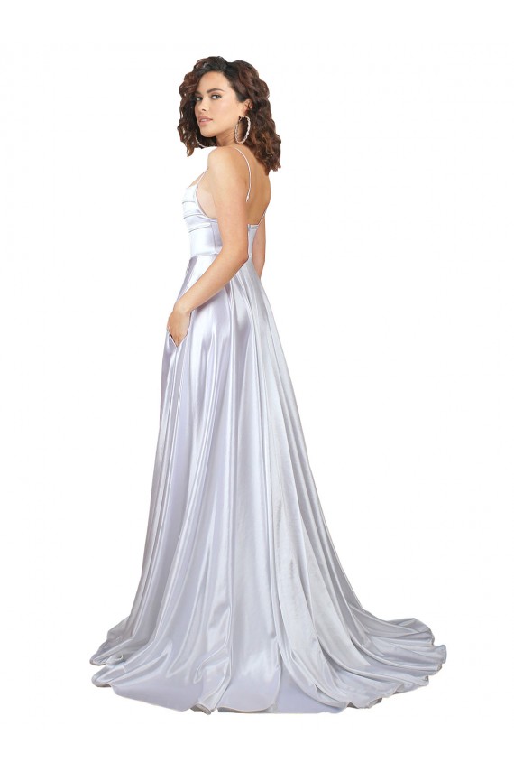 Simple A-Line Corset Style Pleated Long Stretch Satin Beach Wedding Dress with High Slit Brisbane