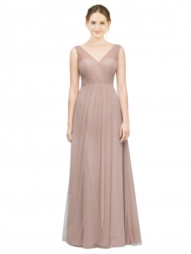 Full Length Draped Long V-Neck Tulle Bridesmaid Dress Brisbane