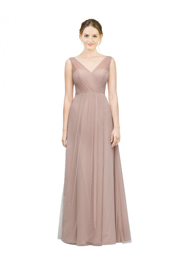 Full Length Draped Long V-Neck Tulle Bridesmaid Dress Brisbane