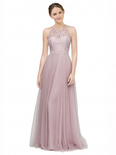 High Neck Long Tulle Bridesmaid Dress with Lace Bodice Brisbane