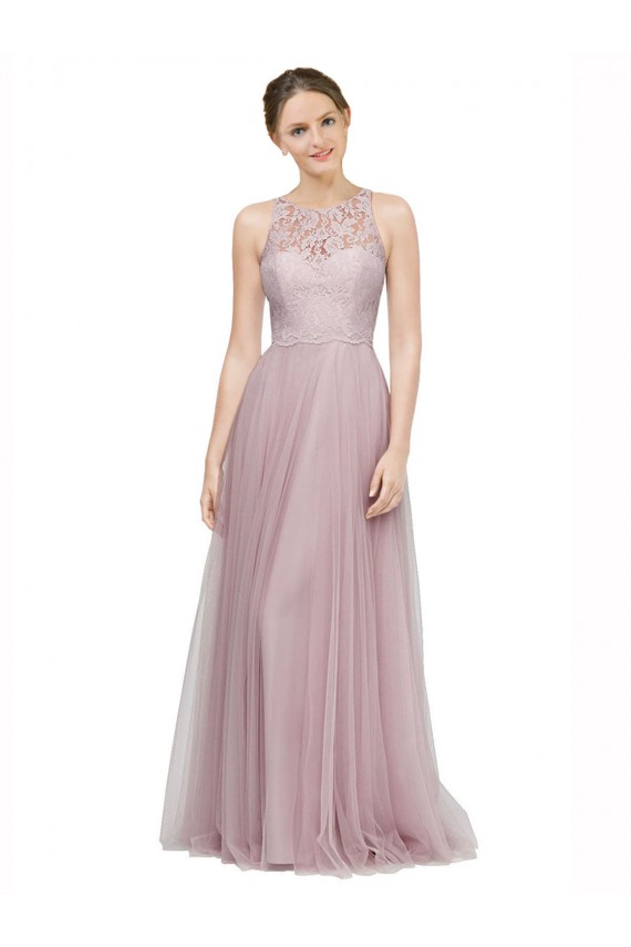 High Neck Long Tulle Bridesmaid Dress with Lace Bodice Brisbane