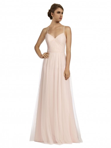 Long Draped Back A-Line Tulle Bridesmaid Dress with Pleated Bodice Brisbane