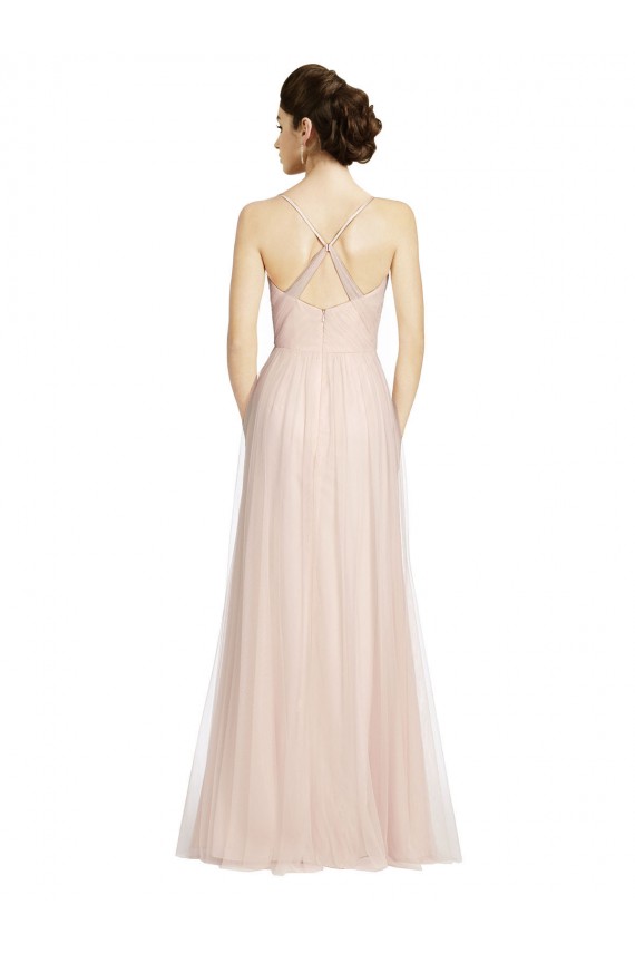 Long Draped Back A-Line Tulle Bridesmaid Dress with Pleated Bodice Brisbane