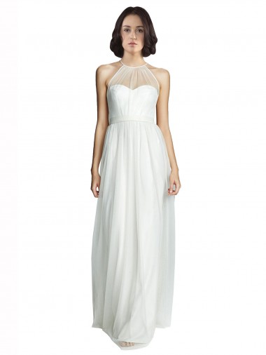 High Neckline Long Tulle Bridesmaid Dress with Illusion Front Brisbane