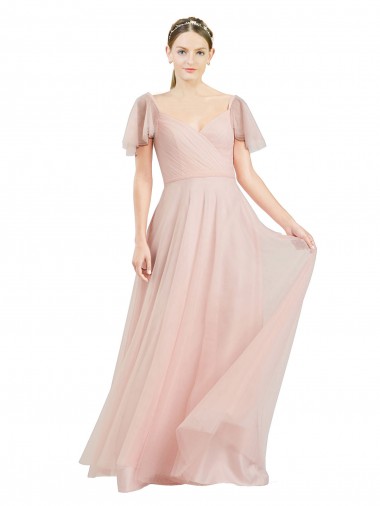 Long V-Neck Flutter Sleeves Tulle Bridesmaid Dress Brisbane