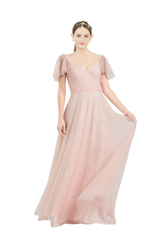 Long V-Neck Flutter Sleeves Tulle Bridesmaid Dress Brisbane