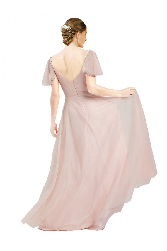 Long V-Neck Flutter Sleeves Tulle Bridesmaid Dress Brisbane
