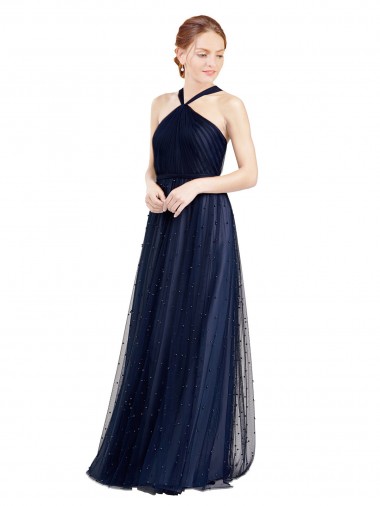 Floor Length Long Halter Pleated Tulle Bridesmaid Dress Brisbane