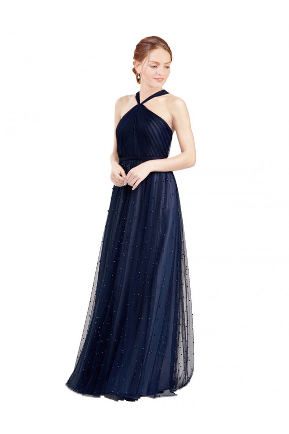 Floor Length Long Halter Pleated Tulle Bridesmaid Dress Brisbane